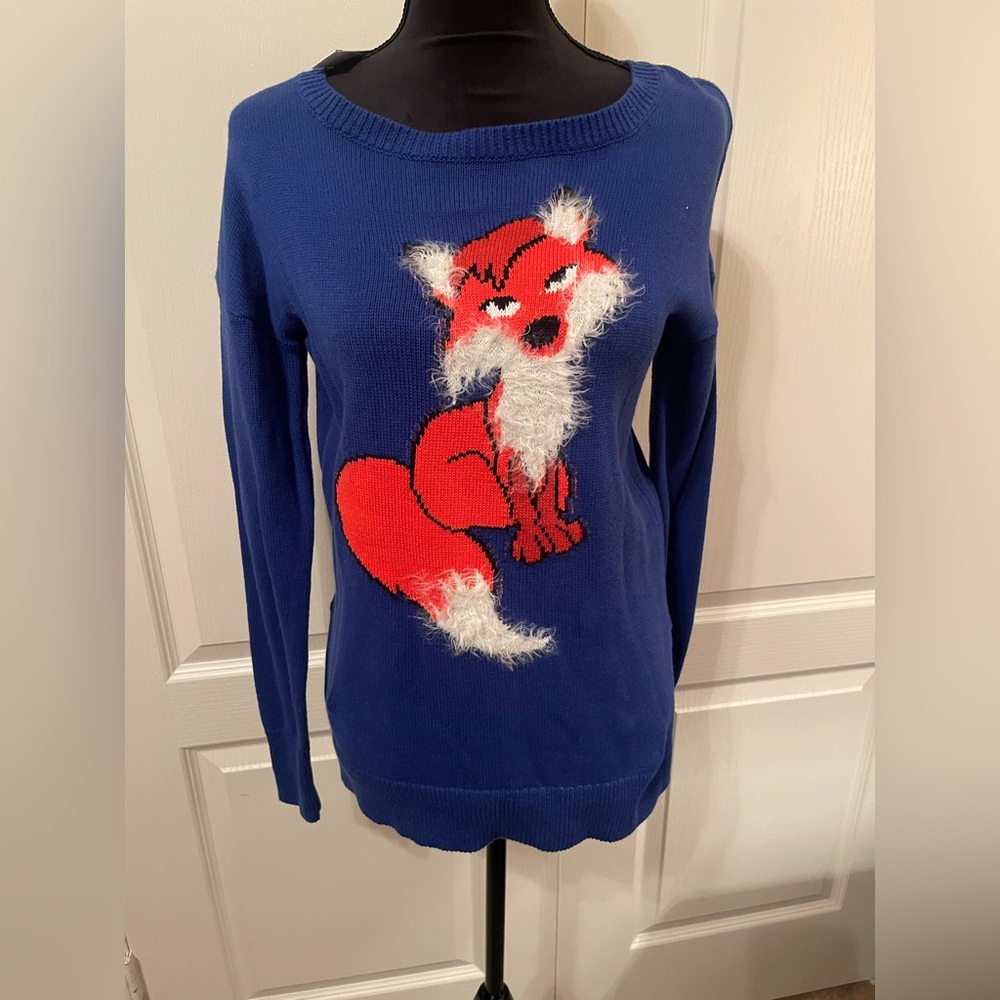 Fox Brand Blue Sweater with Red and White Fox Motif